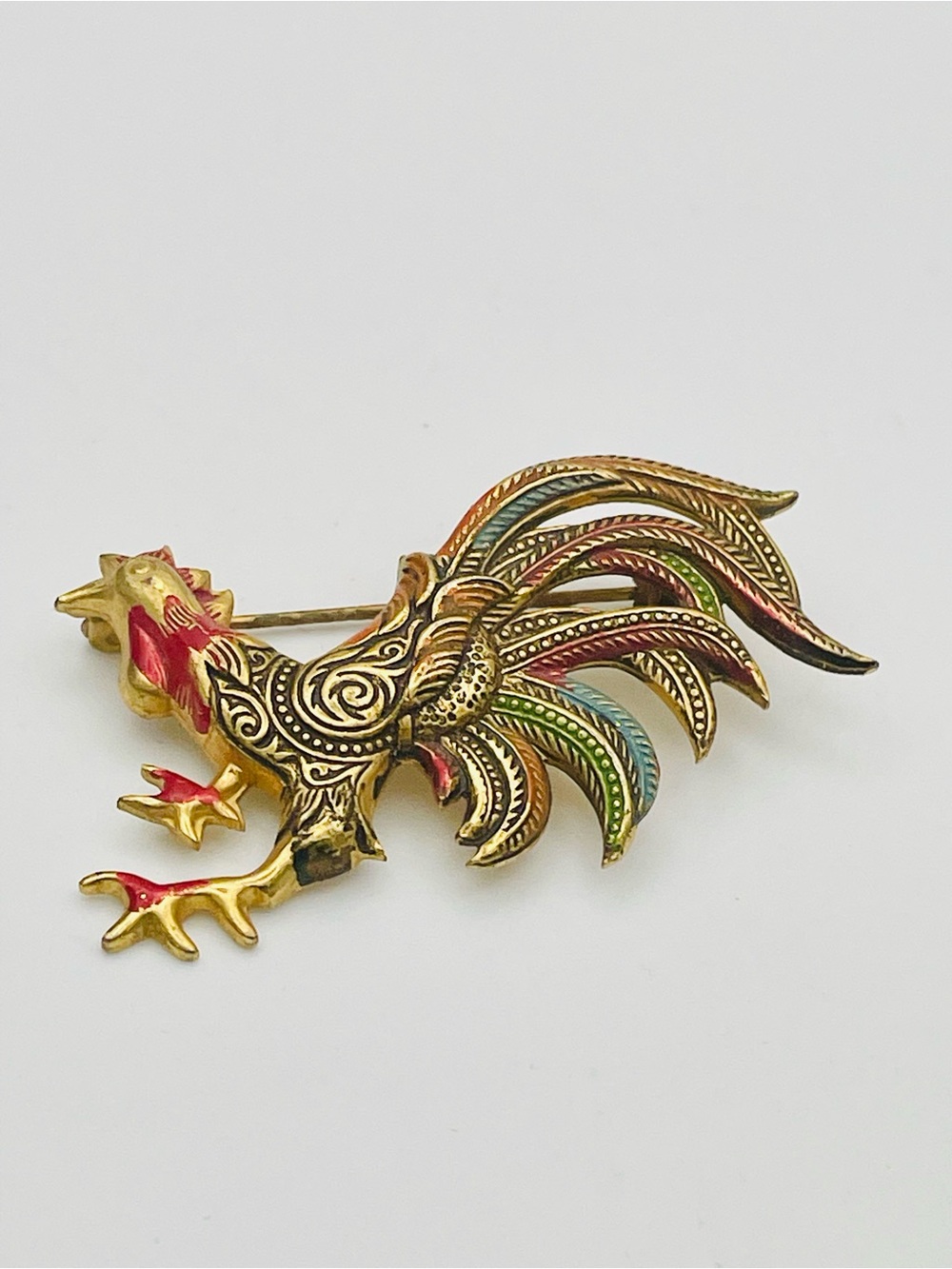 Vintage Spanish Damascene Rooster Brooch w/ Metal Work Colorful Enamel Gold Tone